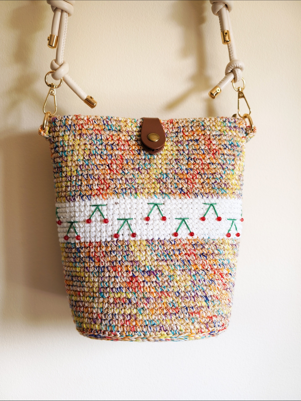 Multicolor Woven Bucket Shoulder Bag with White Strap
